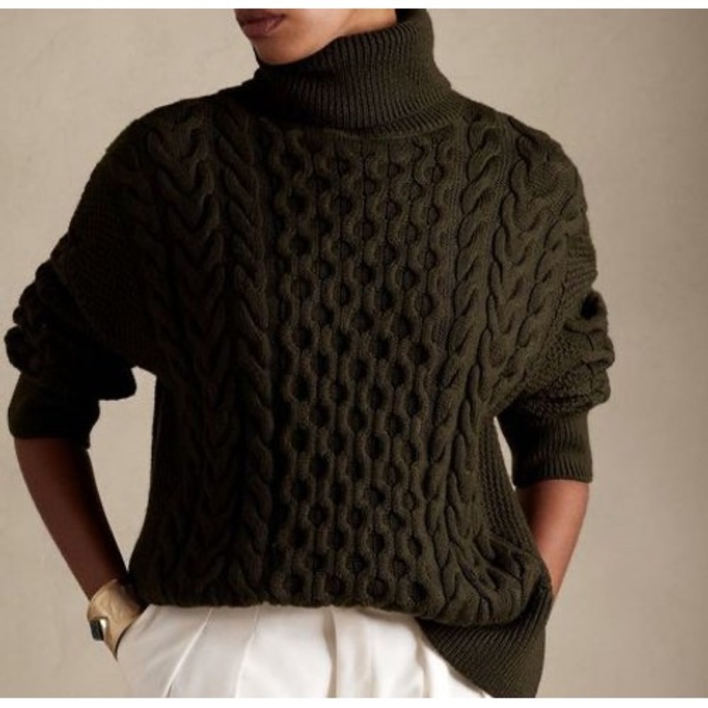 Banana Republic Olive Green 100% MerinoWool Cable Knit Turtleneck Sweater L Cozy